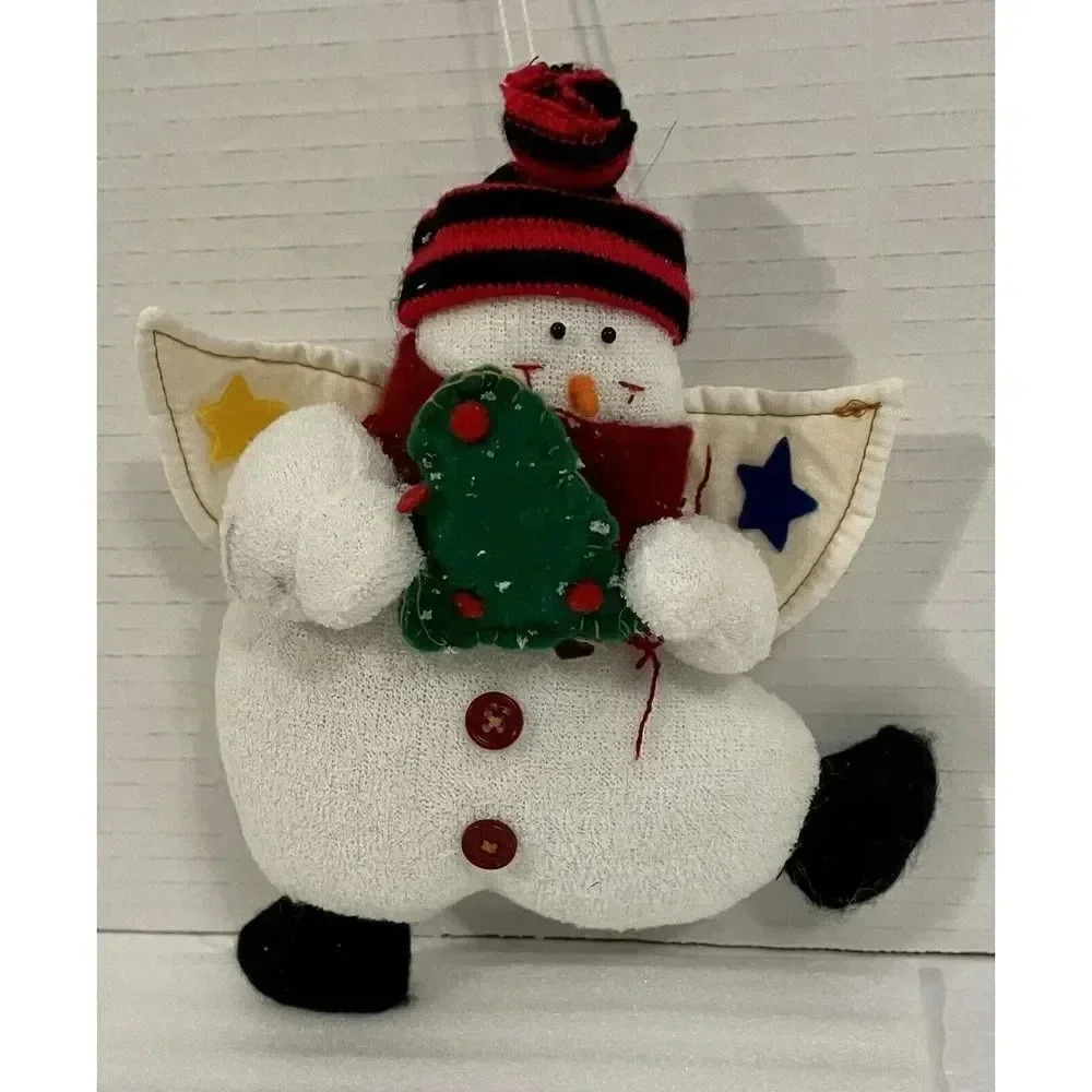 Snowman‎ Ornament Angel Wings Red & Black Hat Red ￼Scarf Christmas Tree Plush 8”